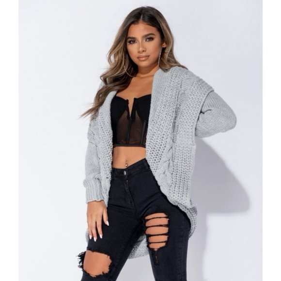 Grey Chunky Cable Knit Long Sleeve Shawl Collar Open Front Midi Cardigan - Picture 2 of 11